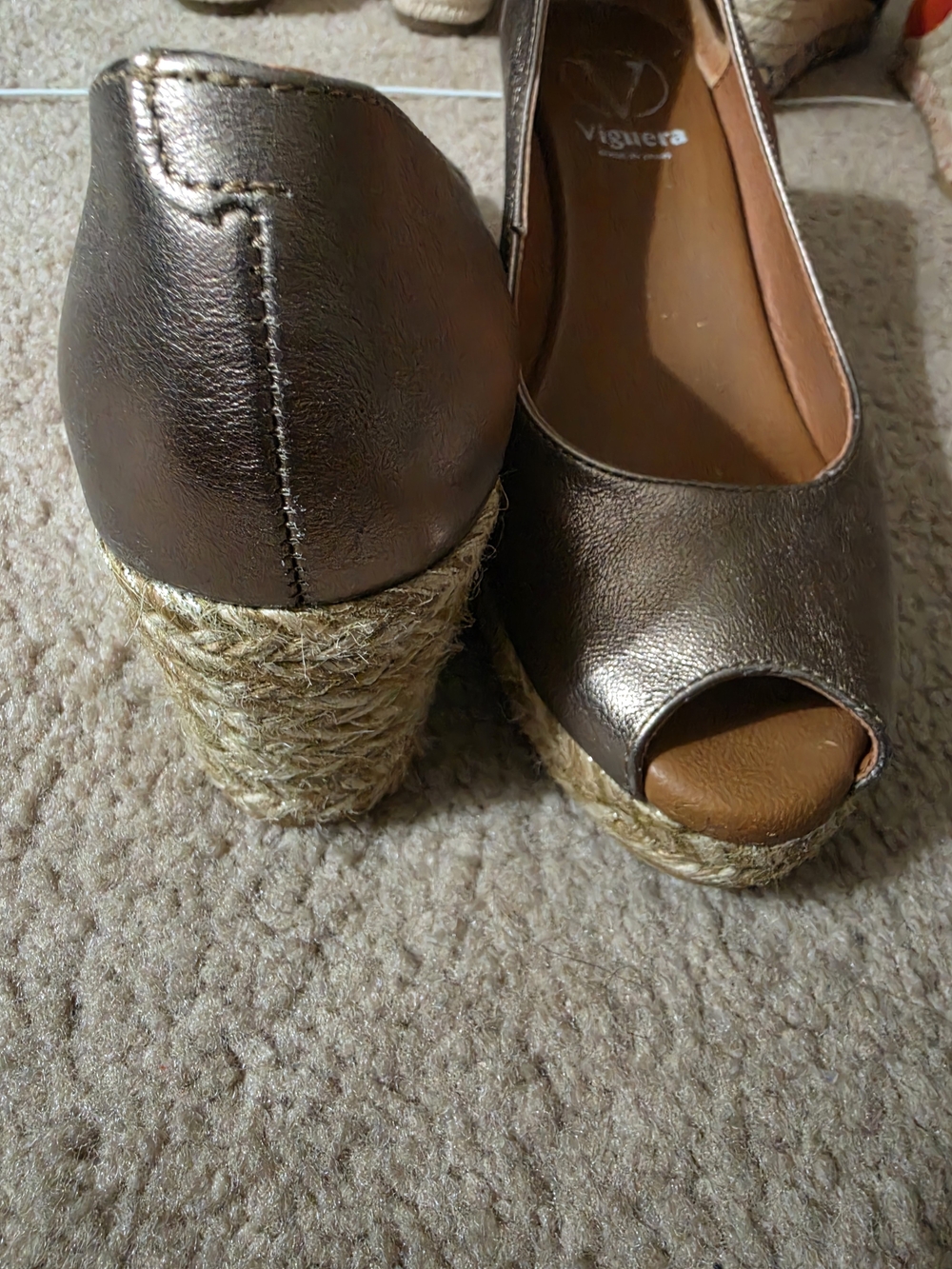 Bronze Metallic Peep-Toe Espadrille Wedge